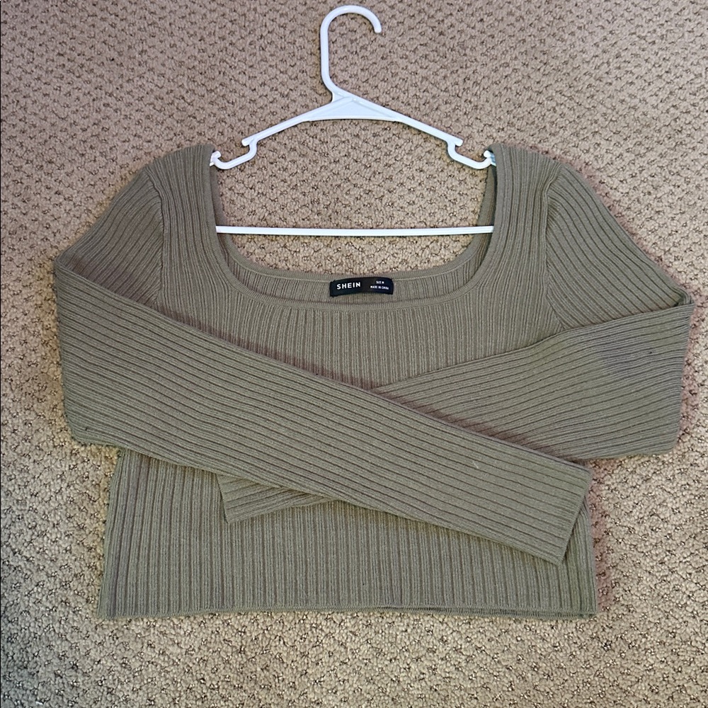 Olive Ribbed Scoop Neck Cropped Sweater